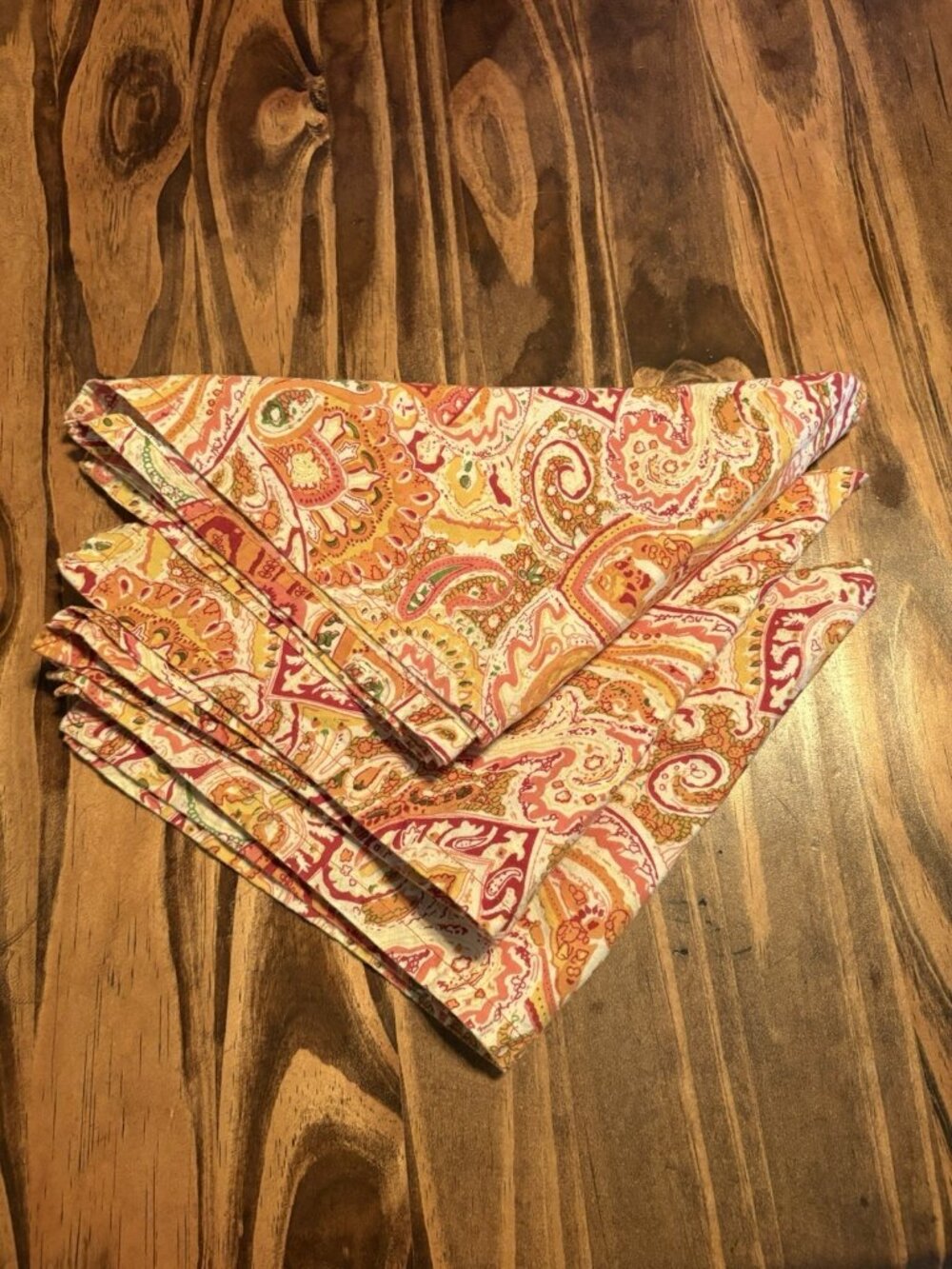 Set Of 3 Pier 1 Napkins Orange Multi-Color Paisley Floral 100 % Cotton